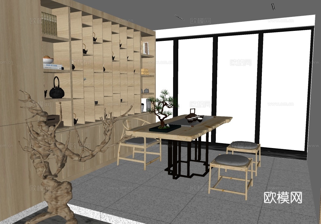新中式茶室su模型下载下载（渲染图2）