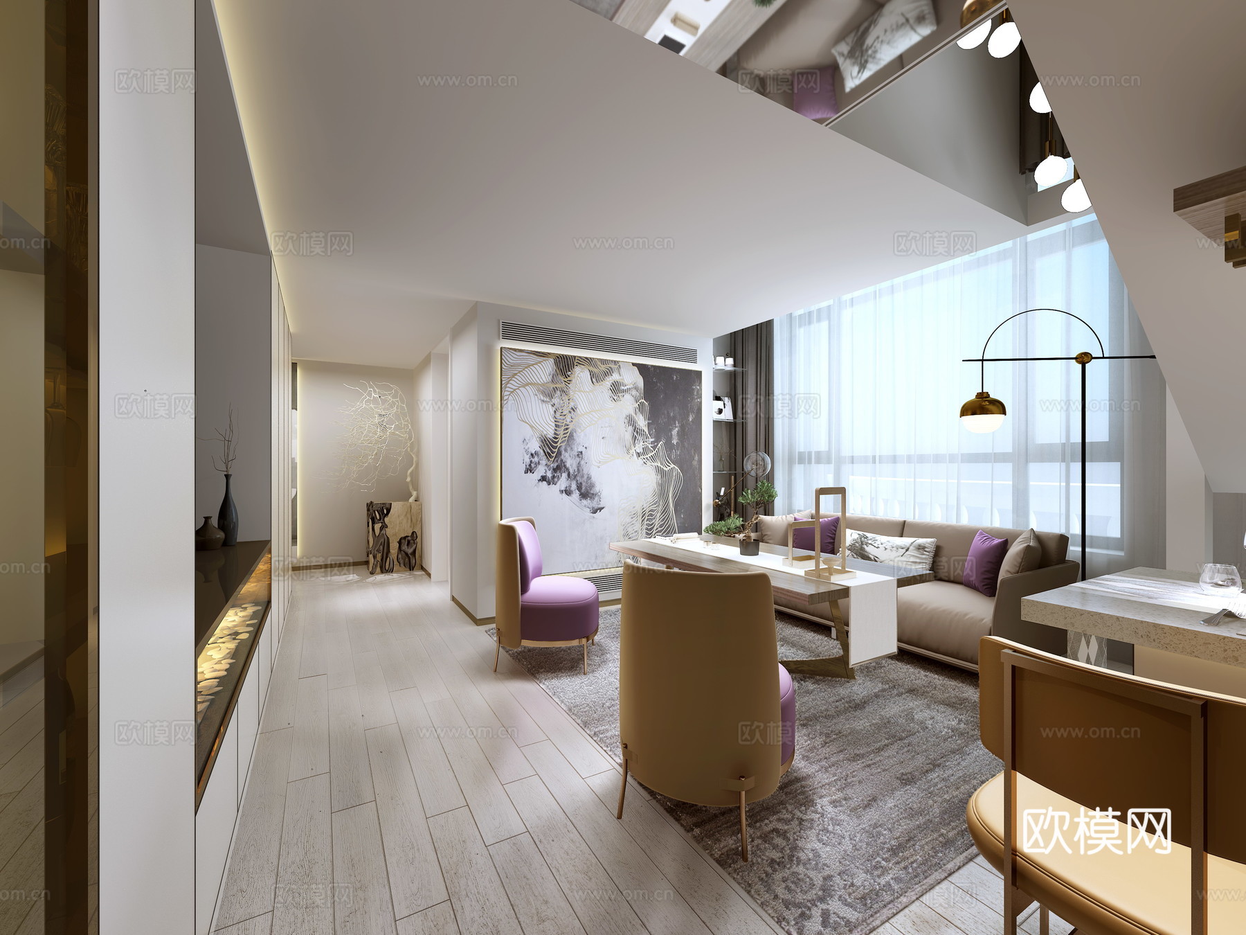 现代奢华北欧客厅沙发餐厅壁灯地毯装饰画3d模型