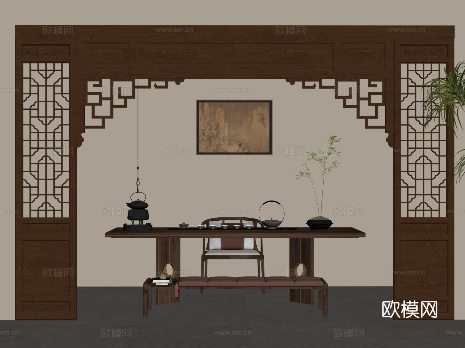 15新中式茶桌椅 门套 挂画su模型