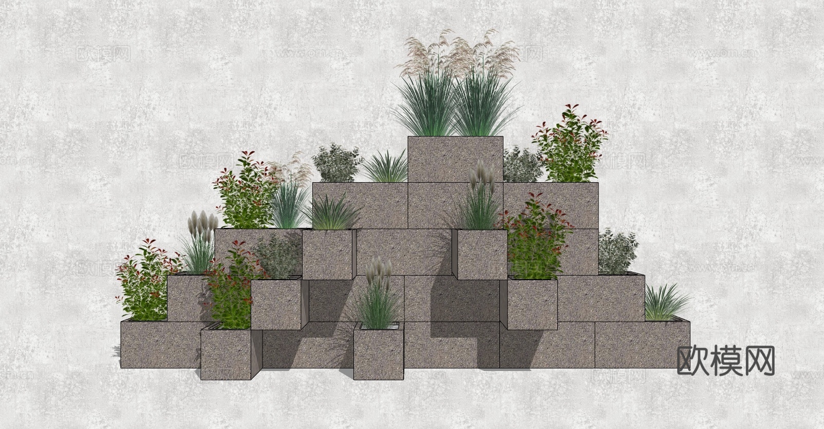 现代造型植物景墙su模型下载