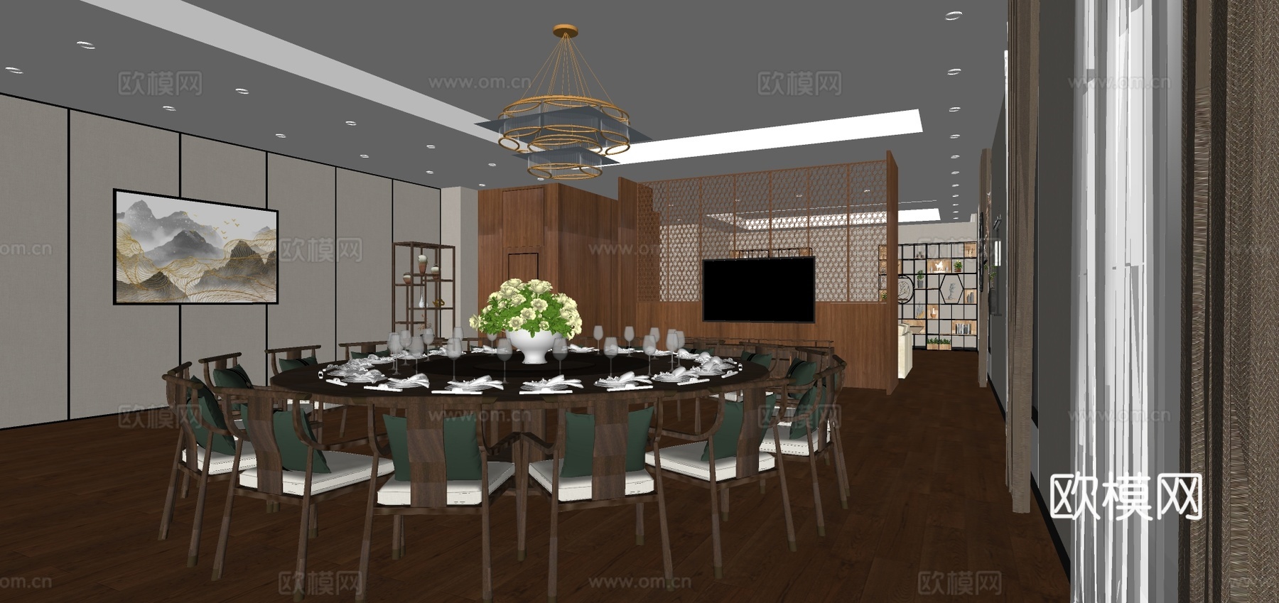 新中式餐厅包房su模型下载