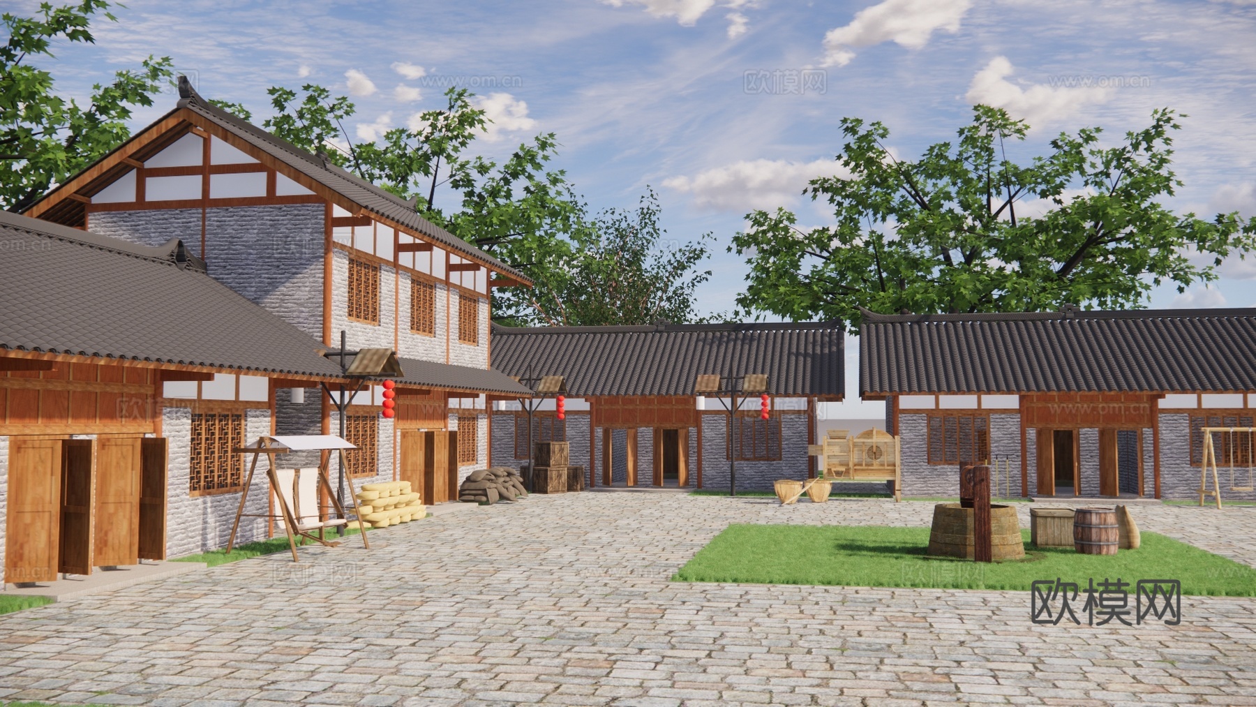 中式乡村民房建筑外观su模型下载