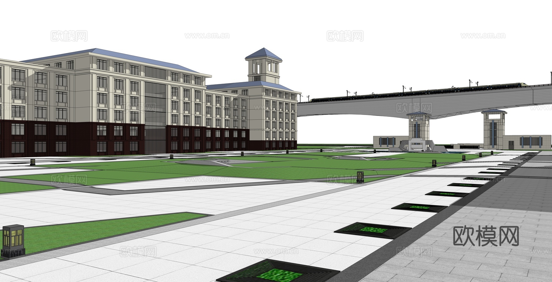 新中式学校校园建筑外观su模型下载