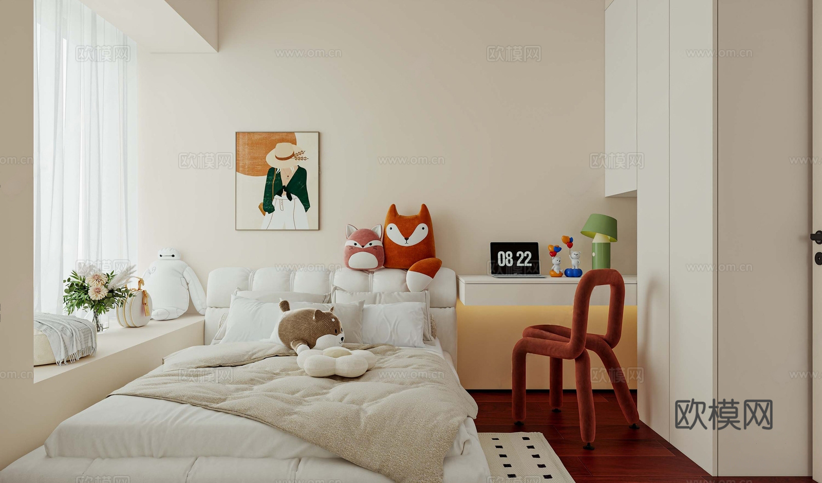 现代奶油家居卧室 双人床 飘窗 衣柜 梳妆桌 梳妆椅3d模型