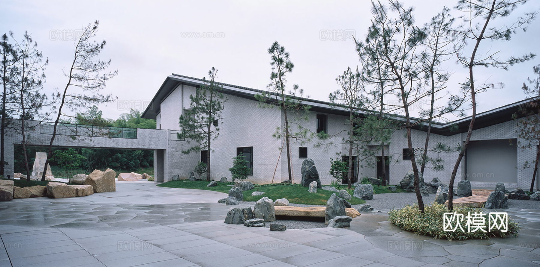 新中式博物馆建筑外观su模型下载