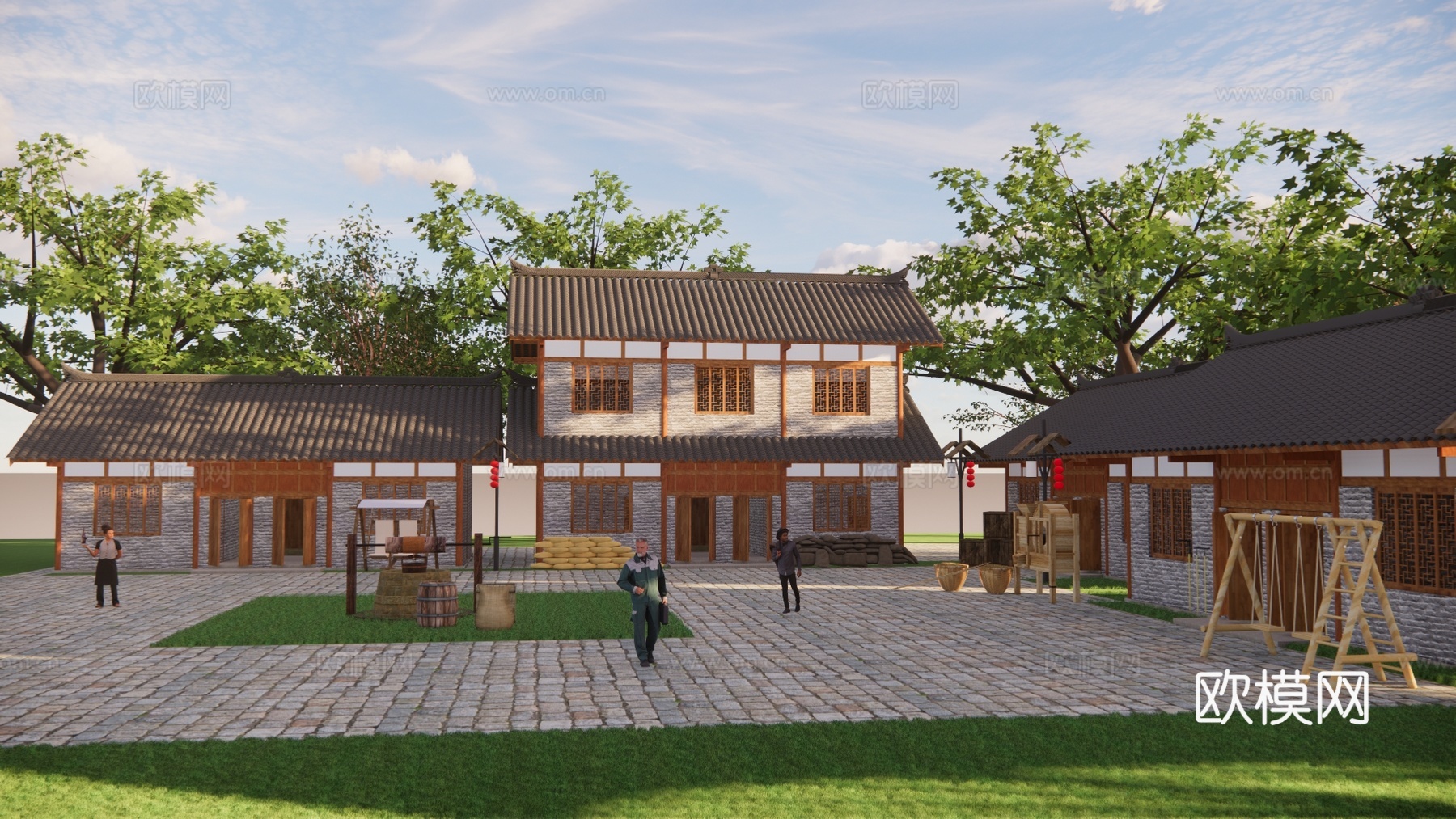 中式乡村民房建筑外观su模型下载