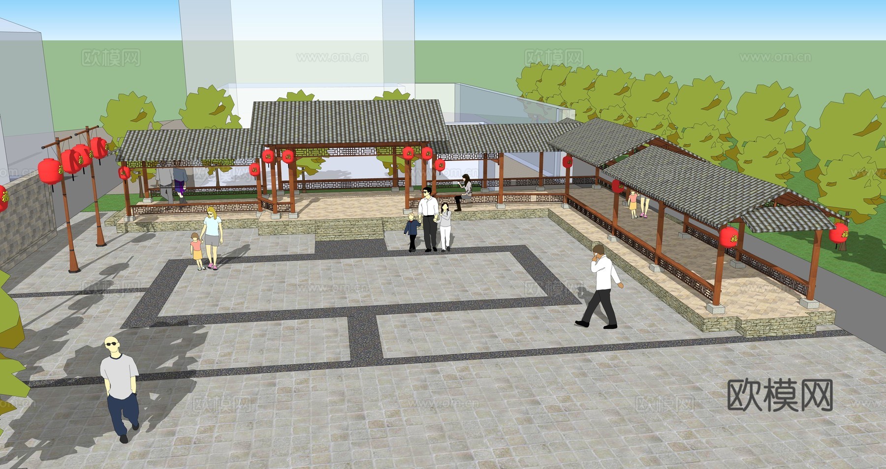 新中式廊架休闲广场su模型下载