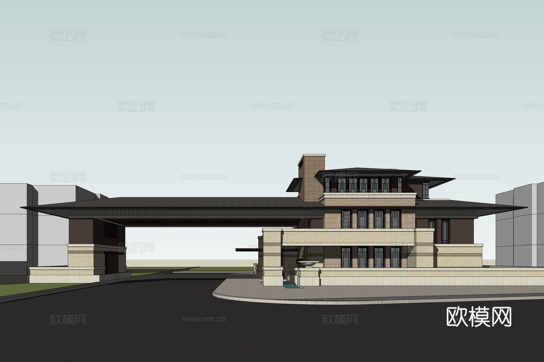 新中式售楼处su模型下载下载（渲染图1）