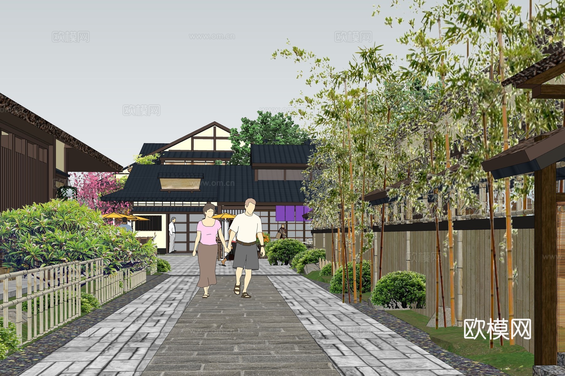 中式古镇度假村鸟瞰su模型下载