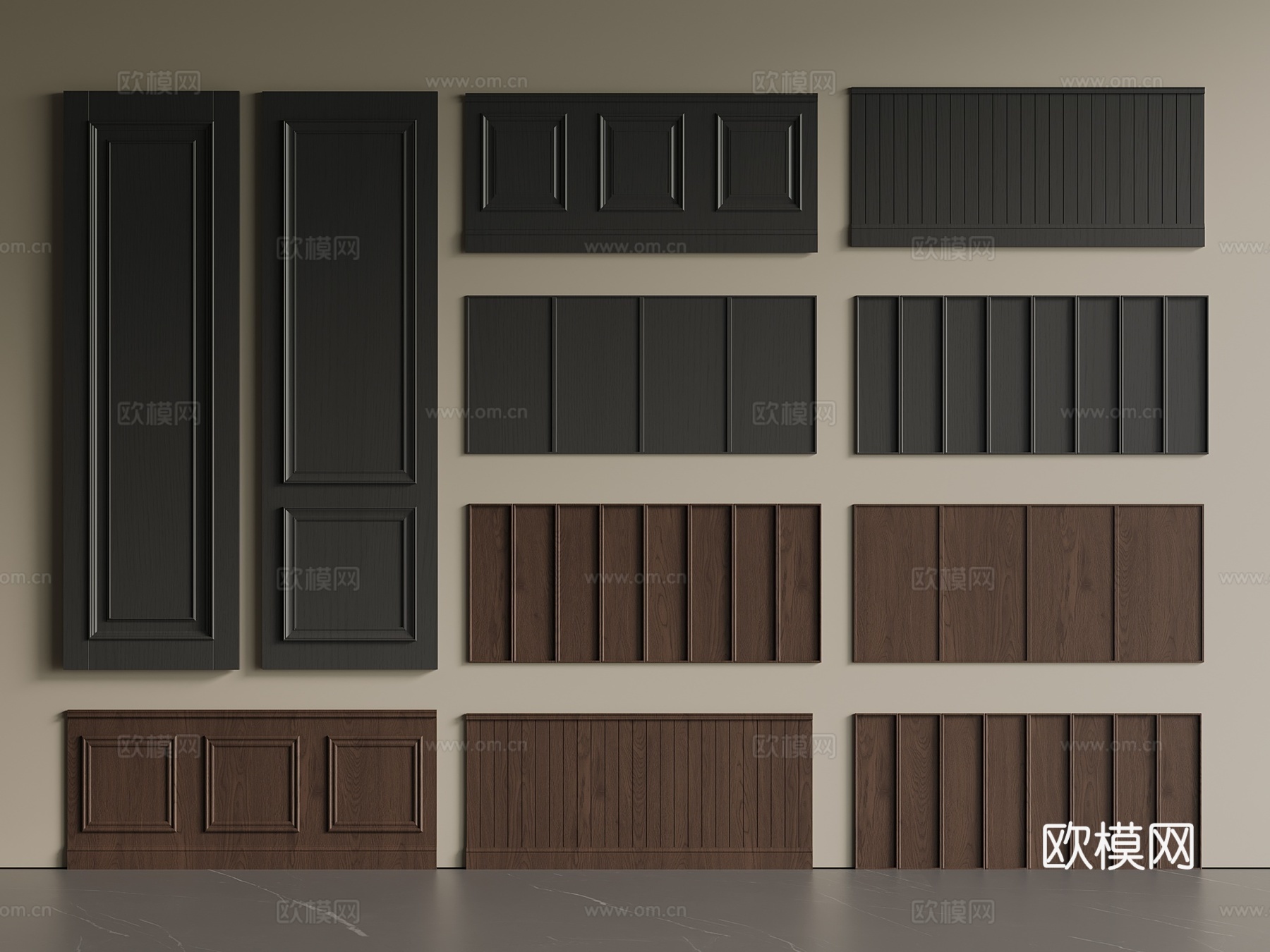 中古 新中式 护墙板 墙裙3d模型下载