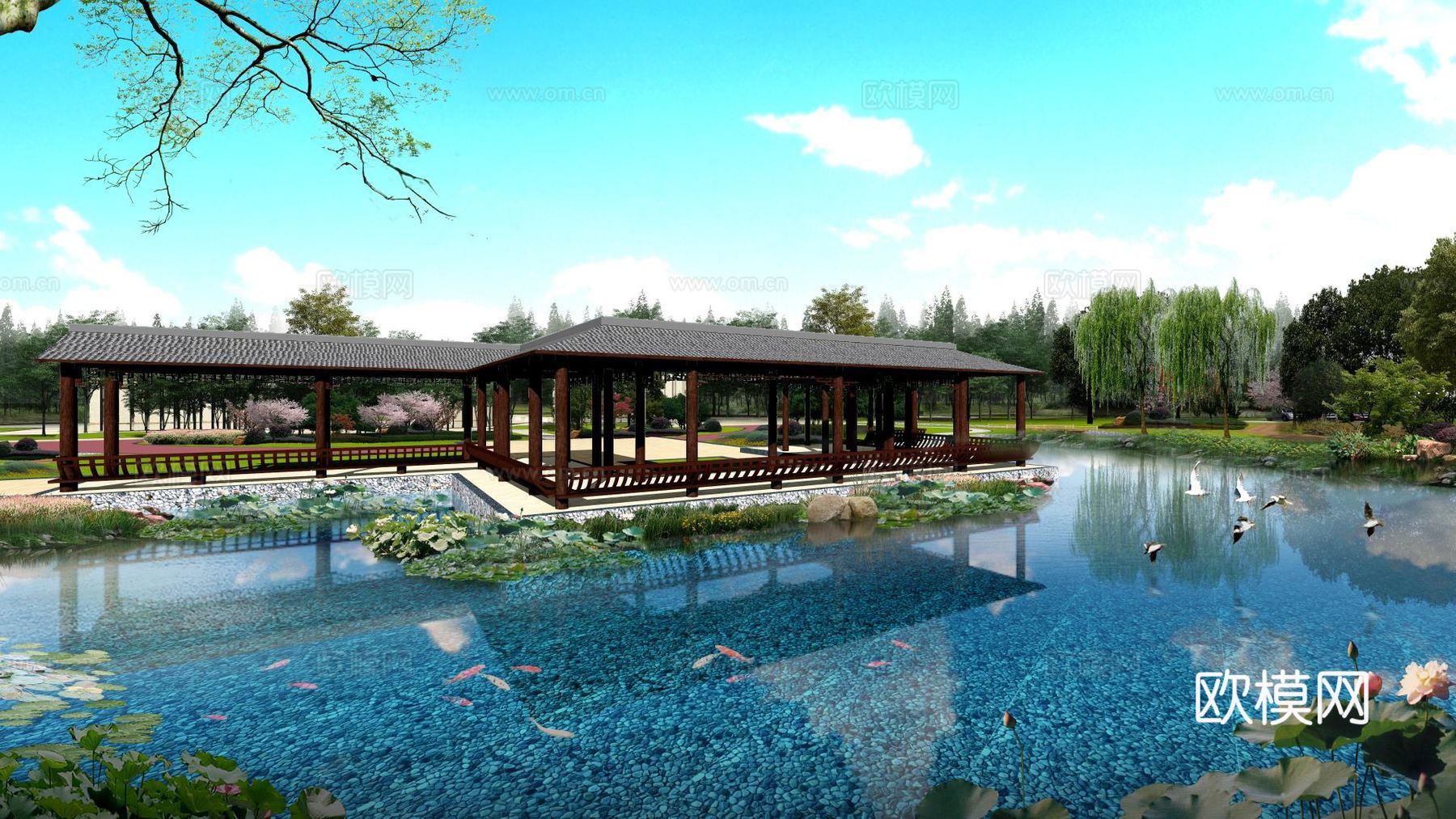 新中式公园景观su模型下载