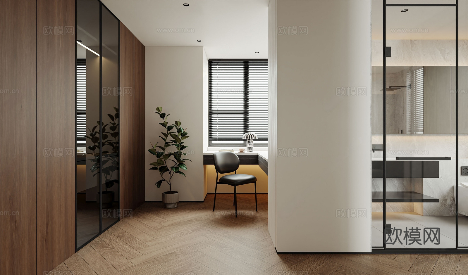 现代衣帽间 板式梳妆台 梳妆椅 板式衣柜 玻璃衣柜 盆栽 卫3d模型