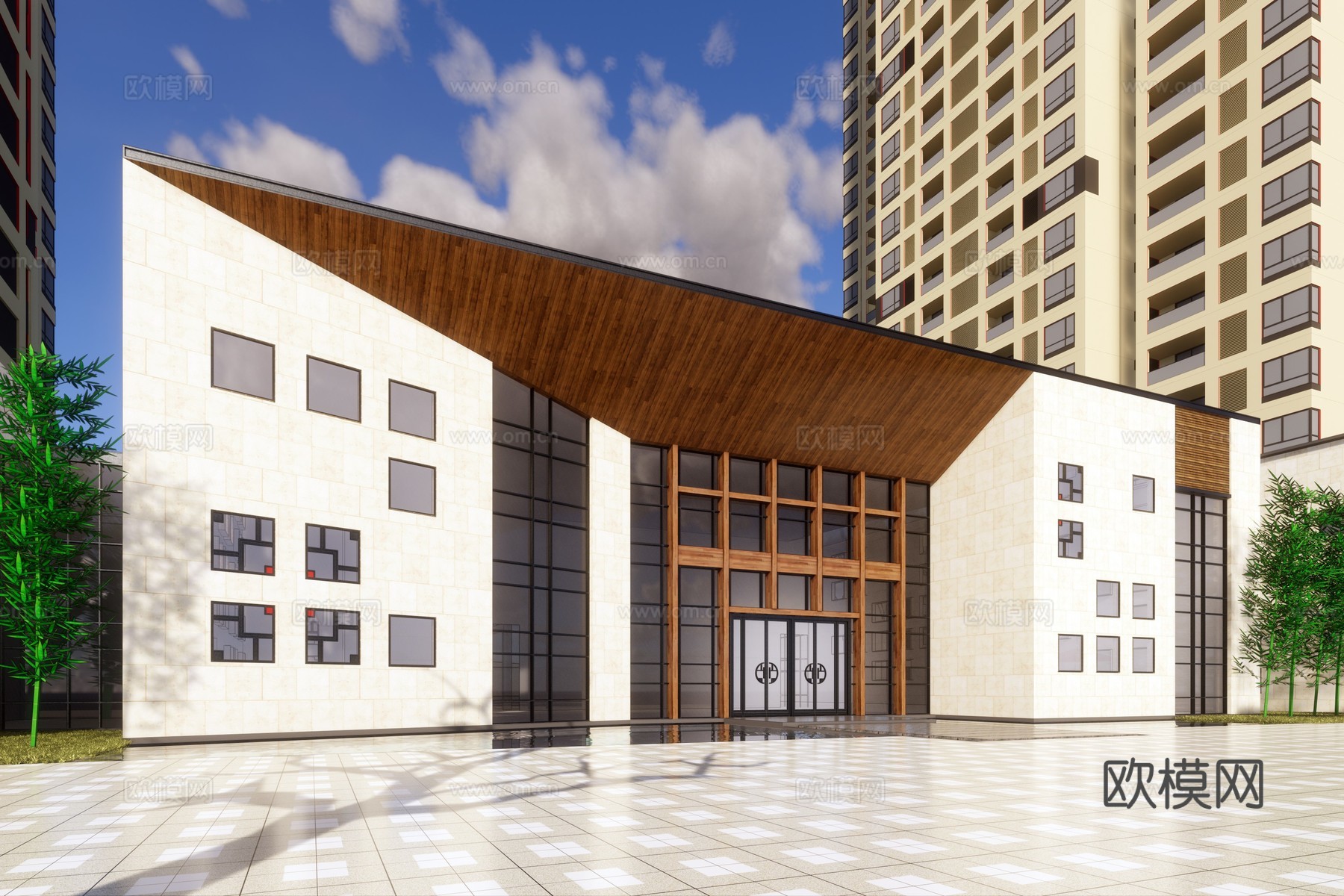 新中式会所建筑外观su模型下载