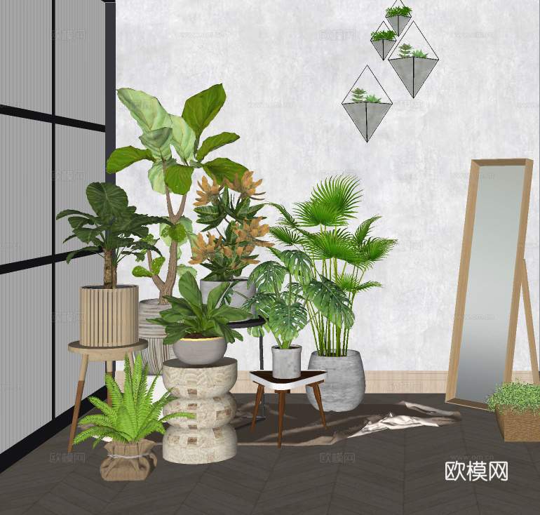 现代植物盆栽su模型下载