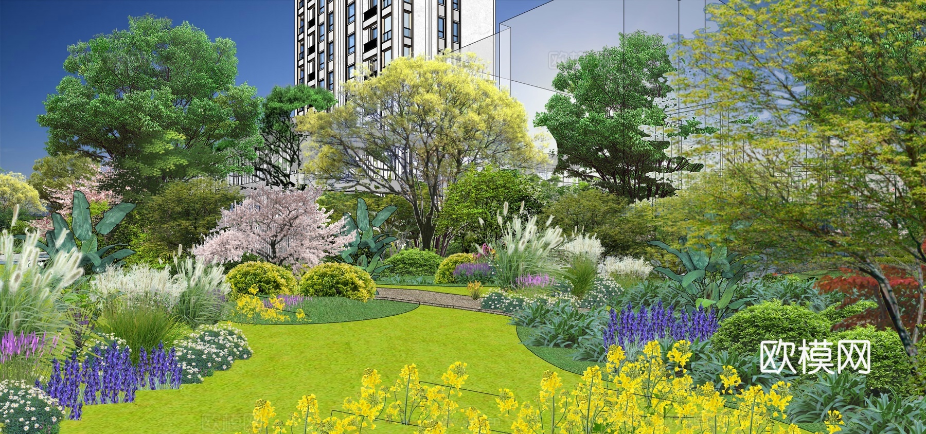 现代小区绿化园林景观su模型下载