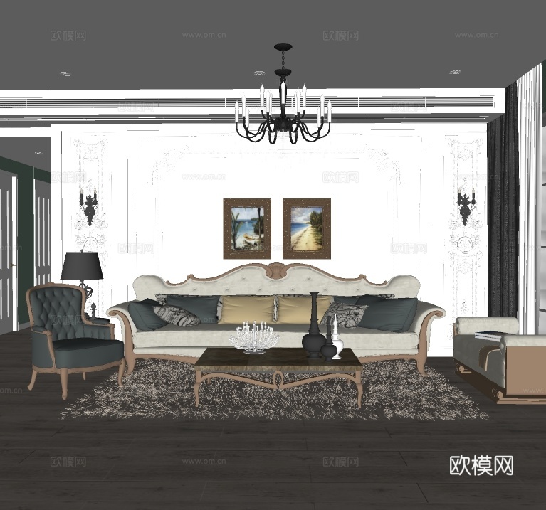 美式客厅su模型下载