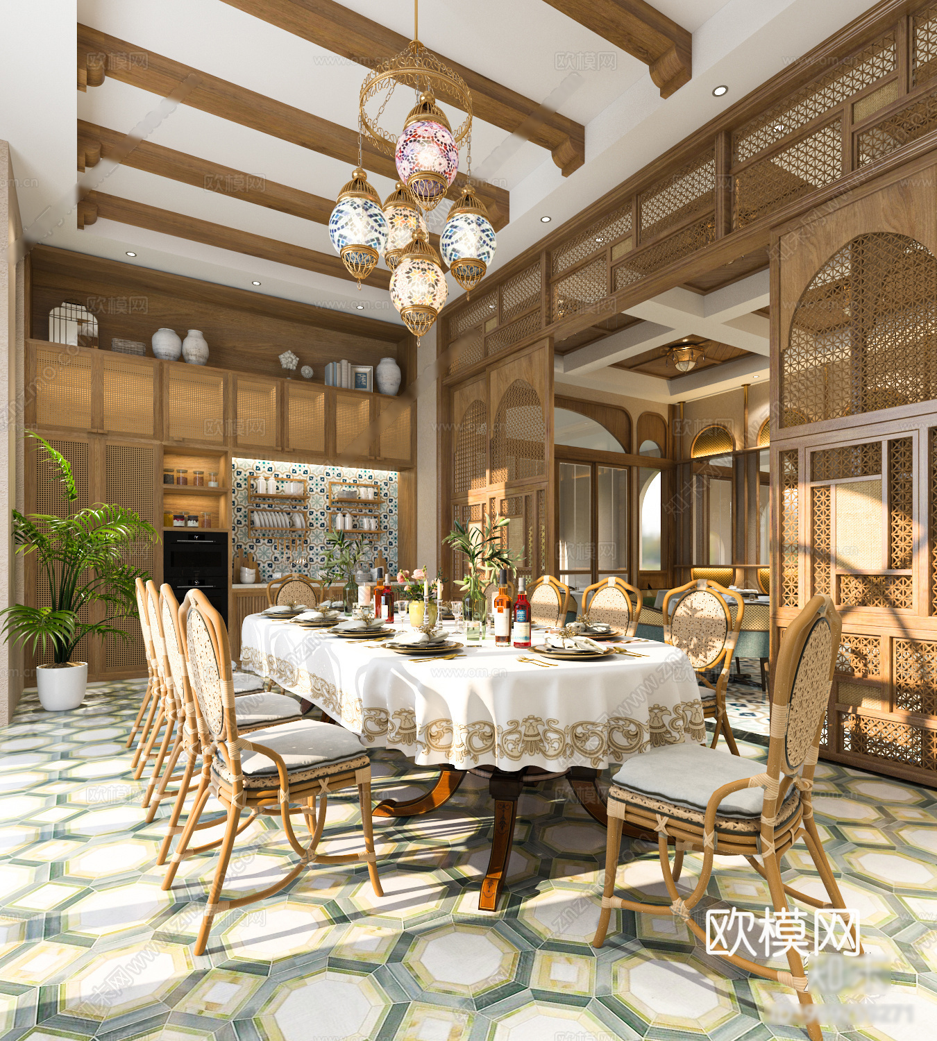 自然风餐厅包房su模型下载