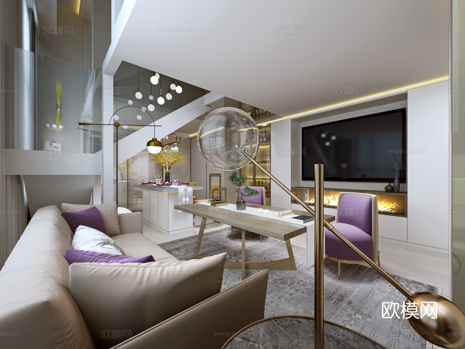 现代奢华北欧客厅沙发餐厅壁灯地毯装饰画3d模型