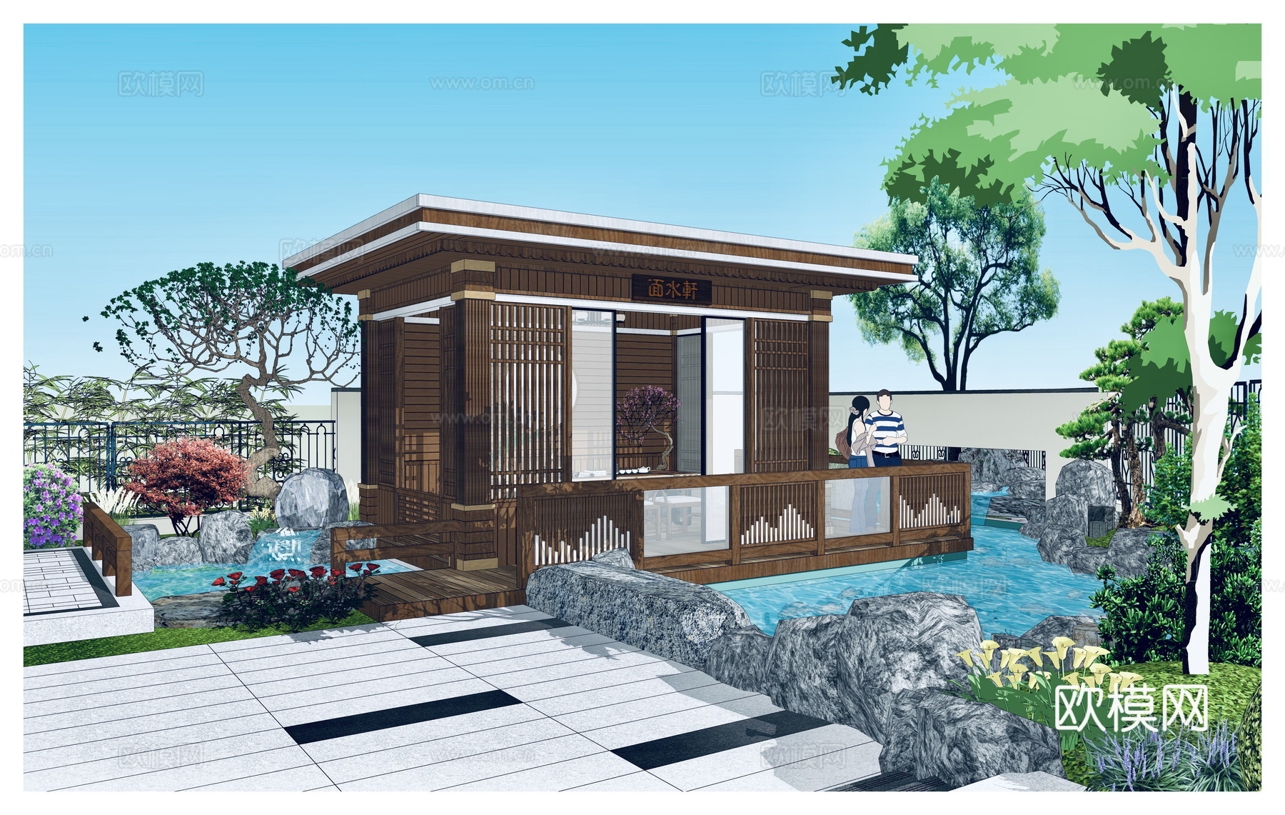 新中式别墅庭院花园su模型下载