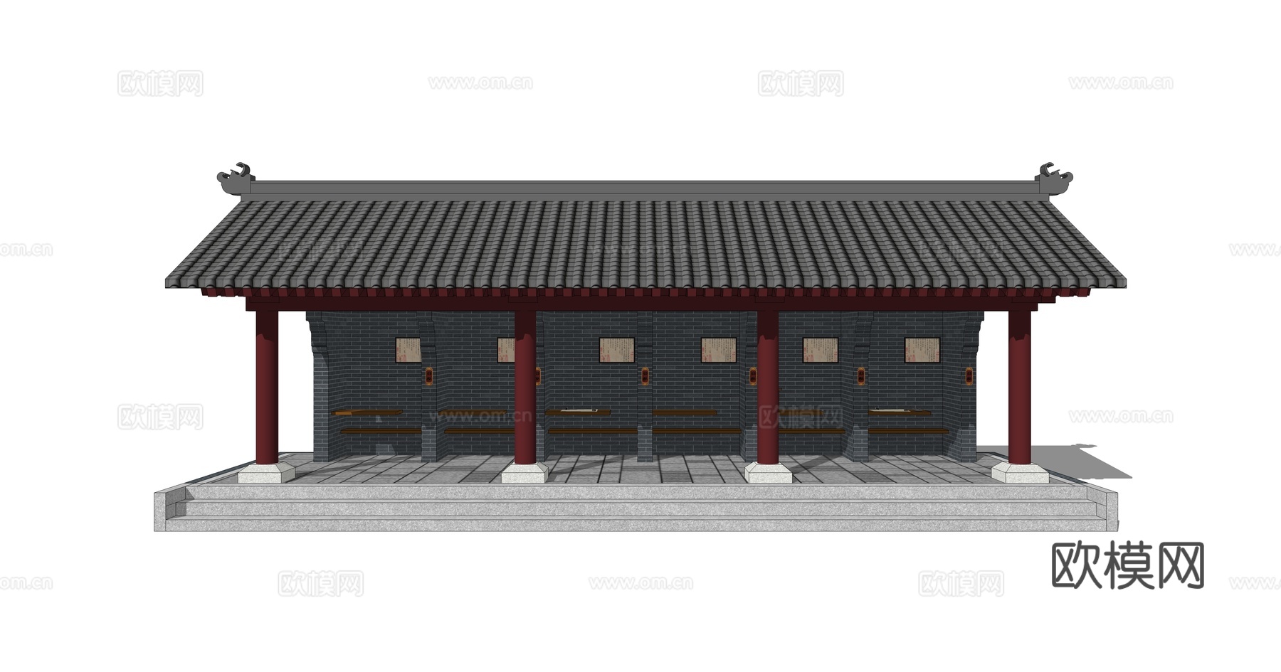 中式古代科考廊架su模型下载