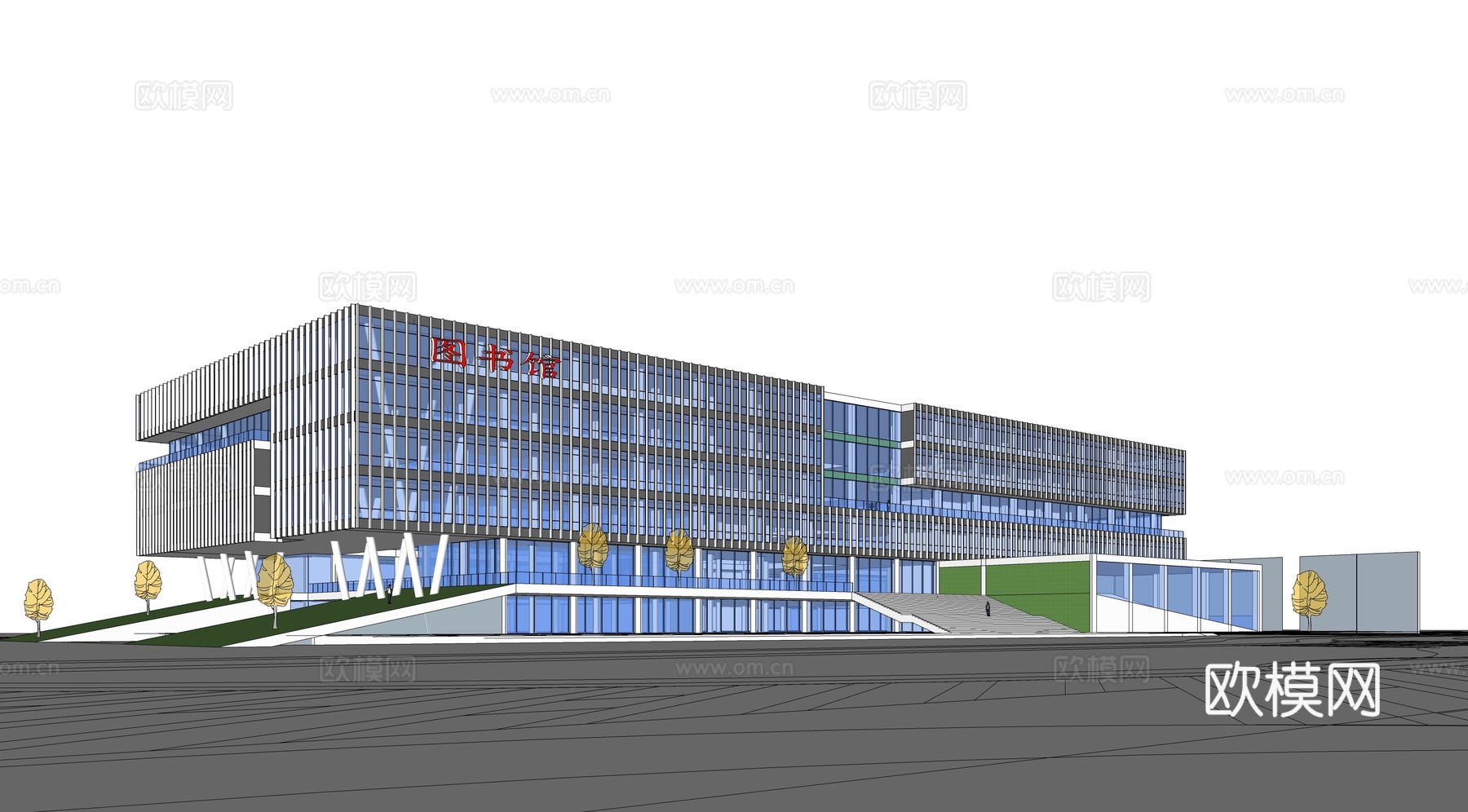 现代图书馆建筑外观su模型下载
