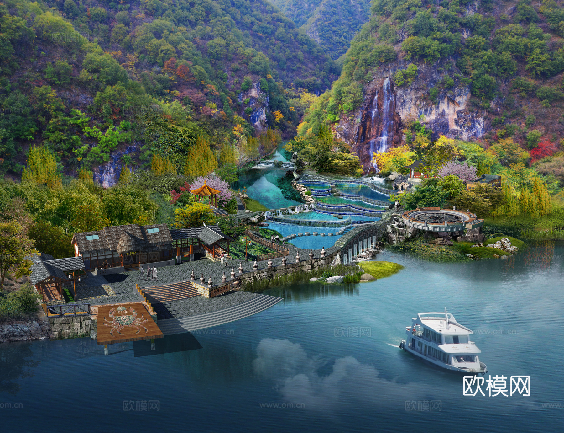 新中式景区峡谷码头su模型下载
