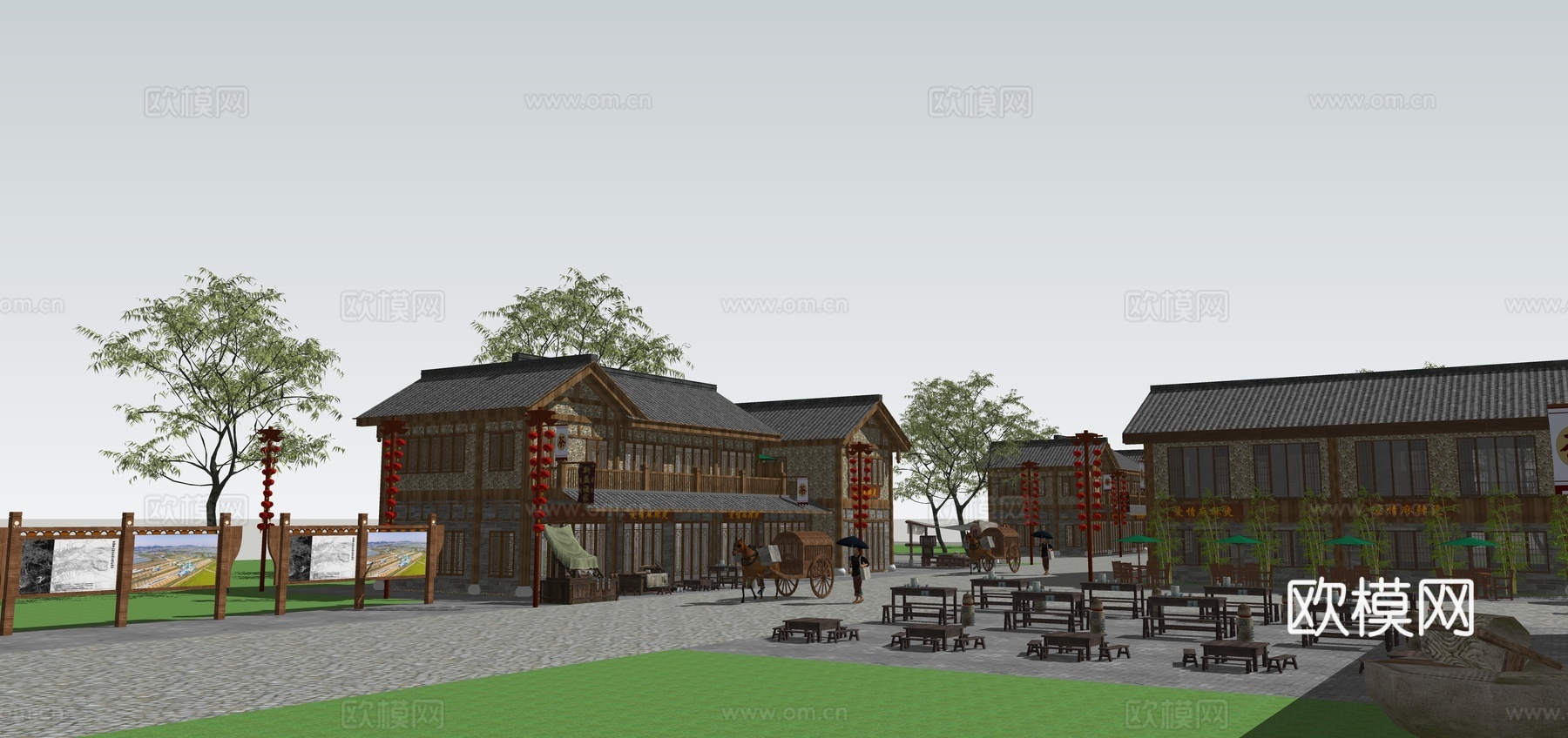 中式商业街古镇老街集市su模型下载