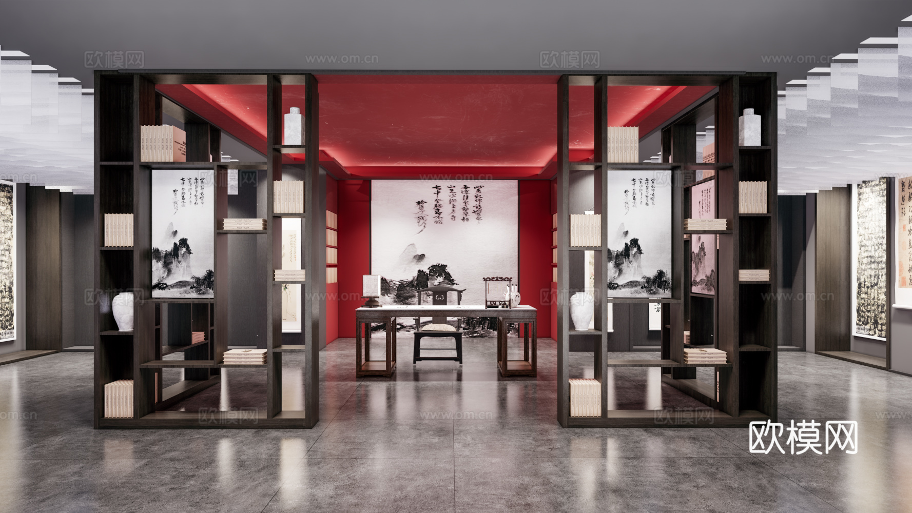 新中式书画展厅su模型下载