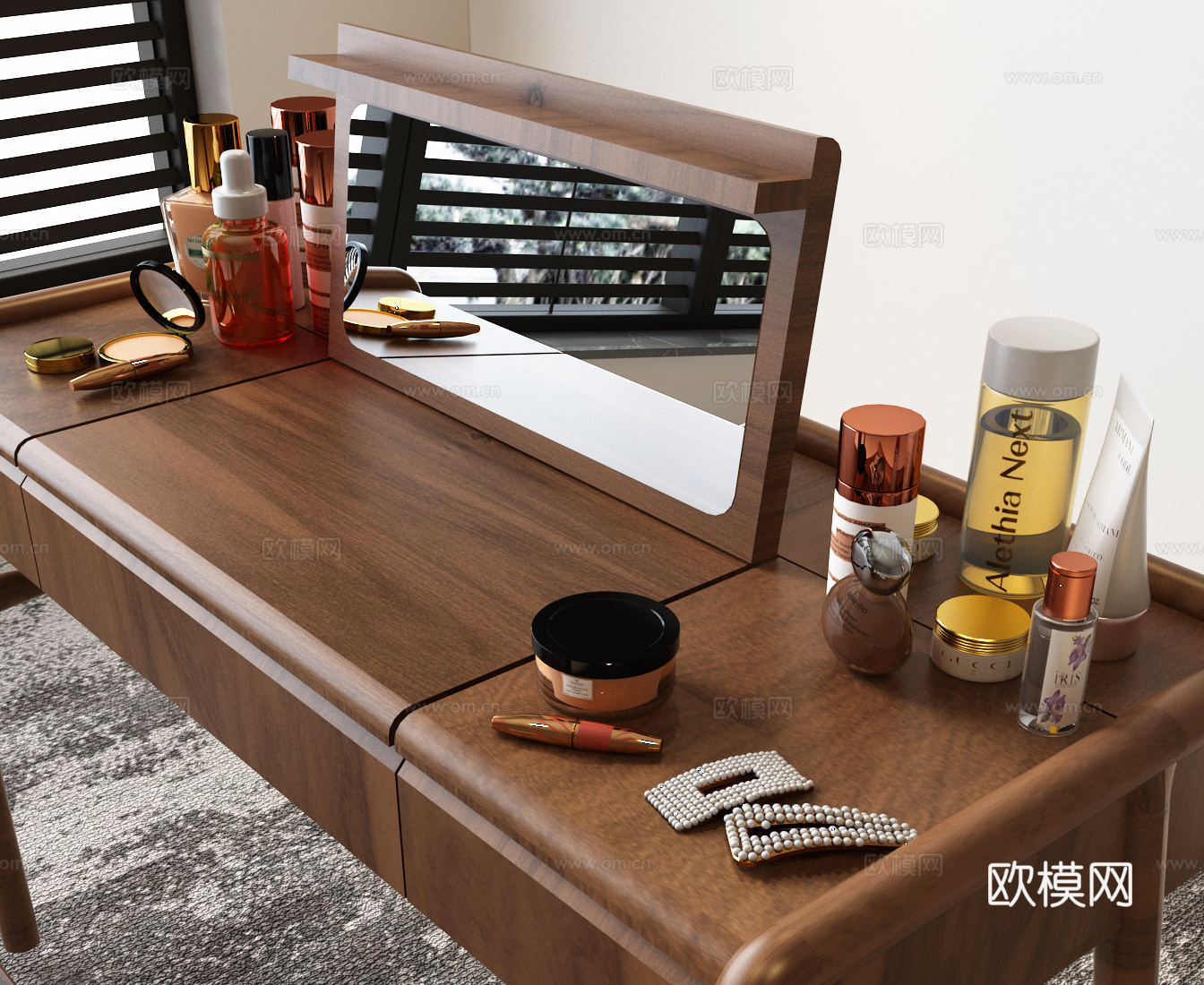 现代化妆品 梳妆台 化妆品 化妆镜3d模型