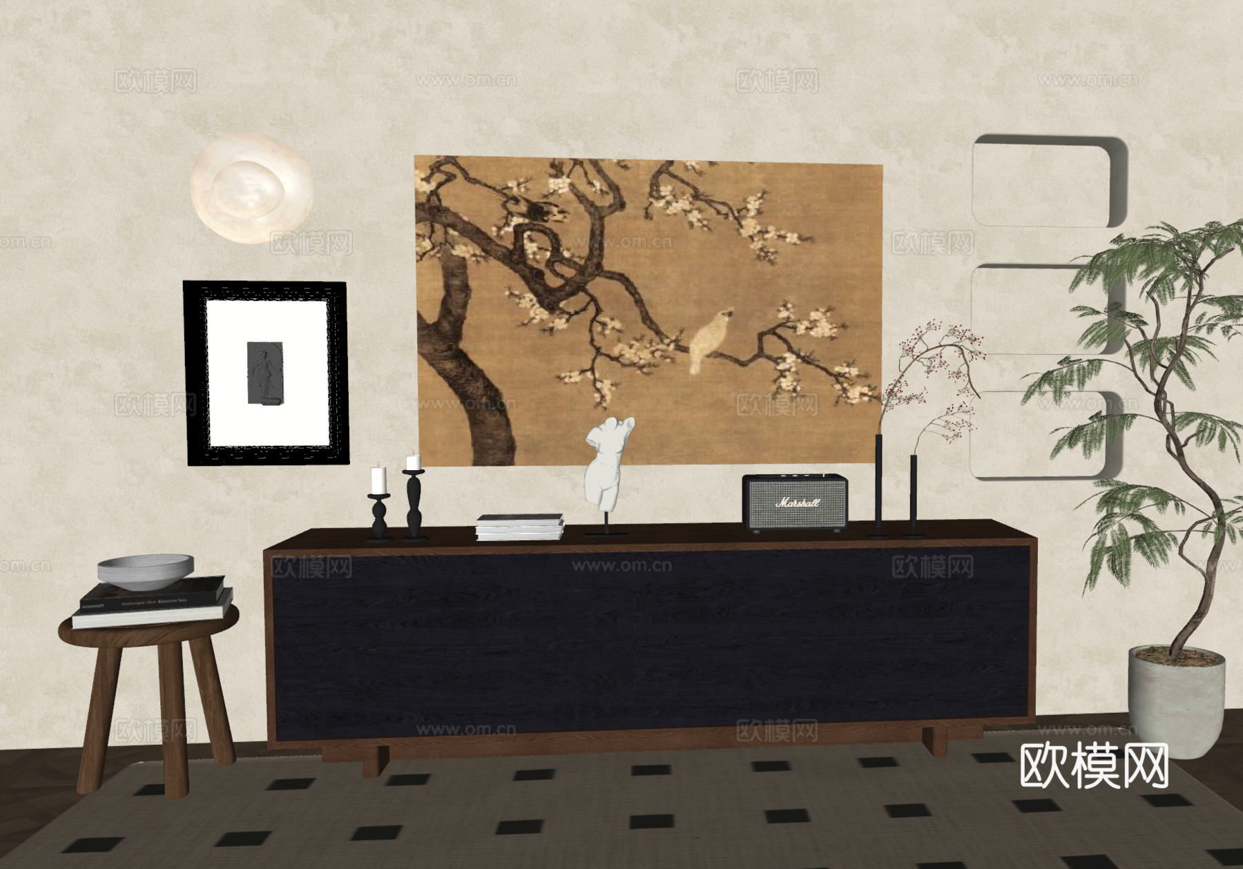 中古电视柜 中古装饰画 复古边柜 斗柜 玄关柜 边柜 收纳柜su模型