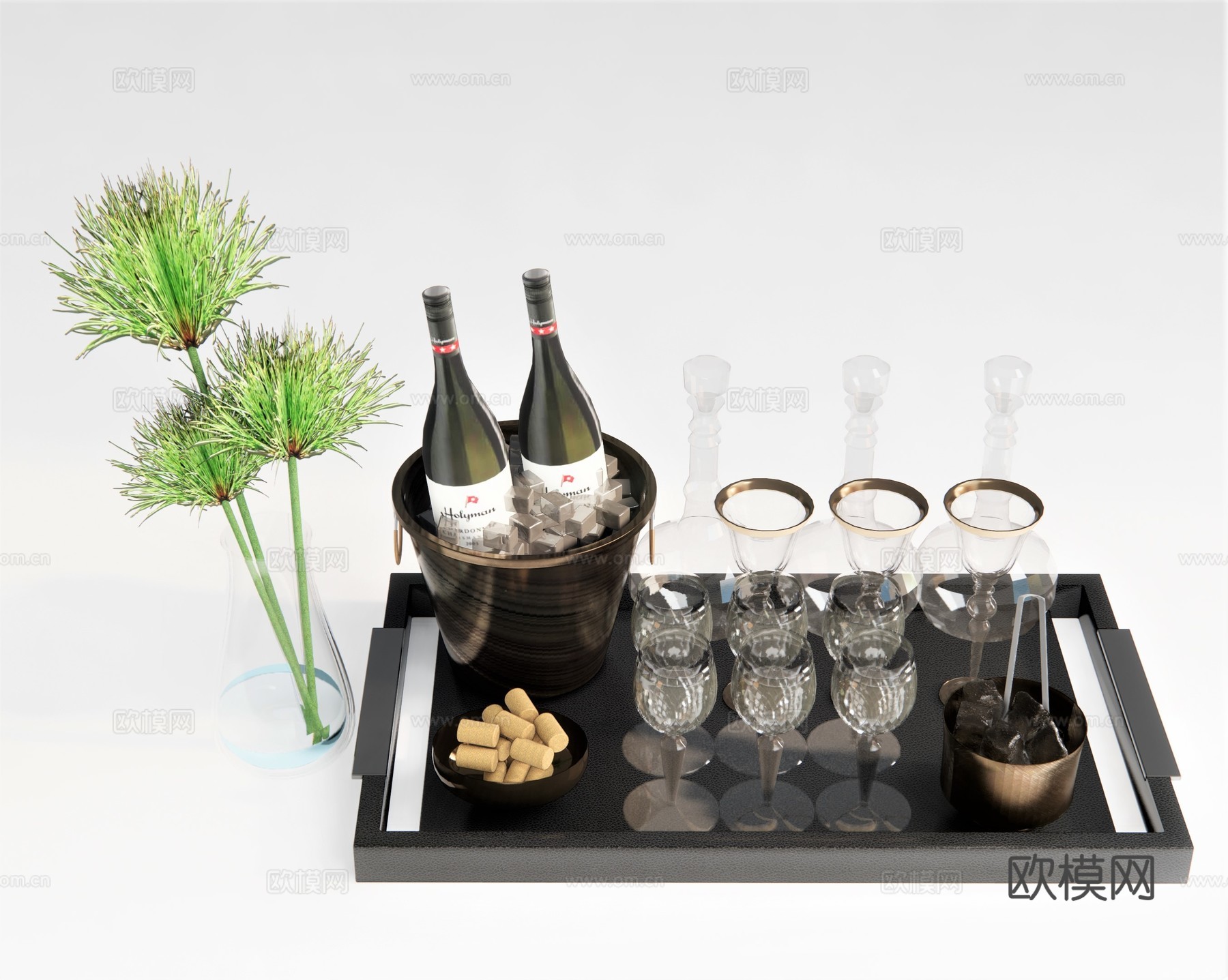 现代酒具酒杯酒瓶香槟su模型下载