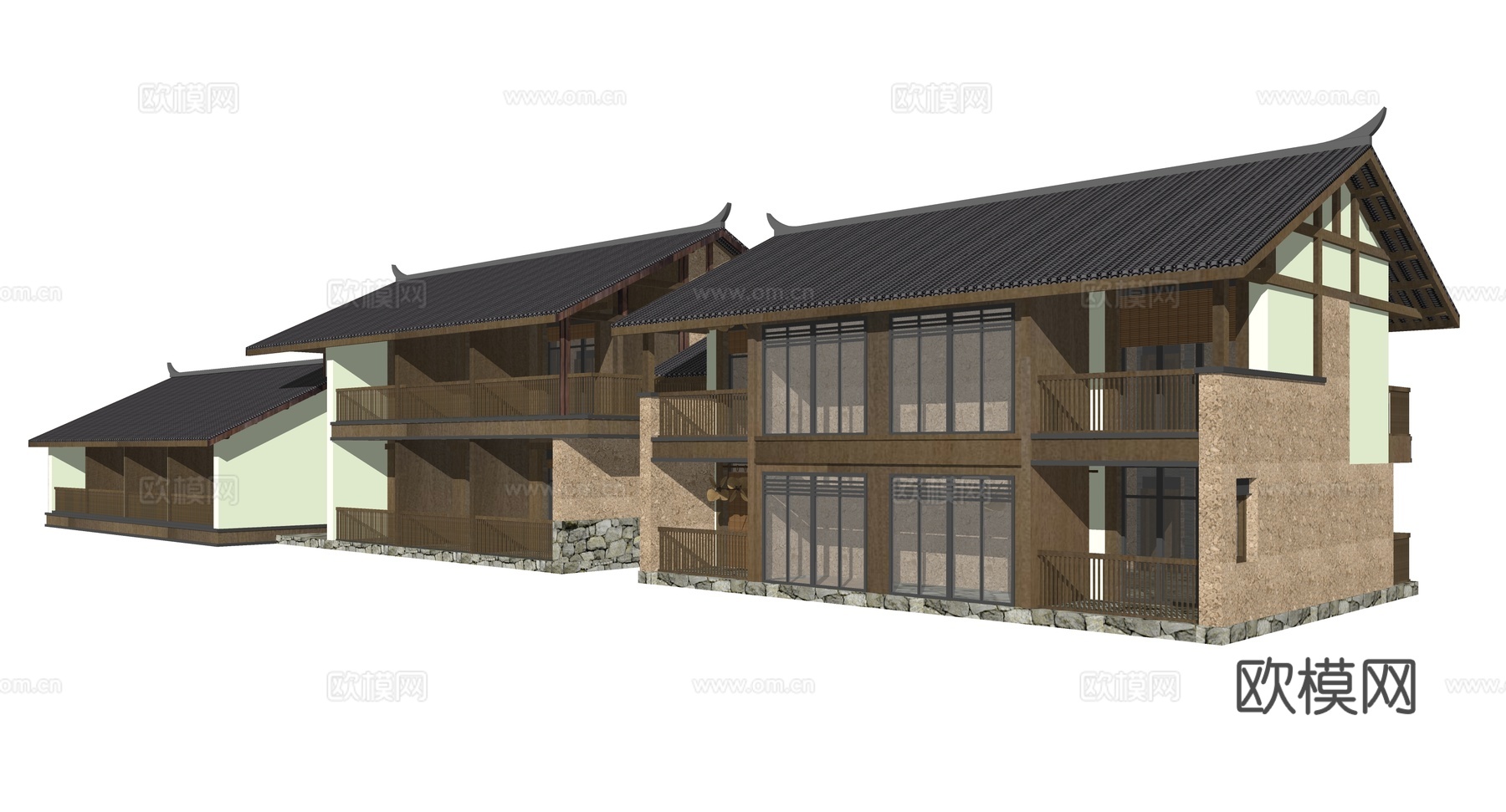 新中式古建民居外观su模型下载