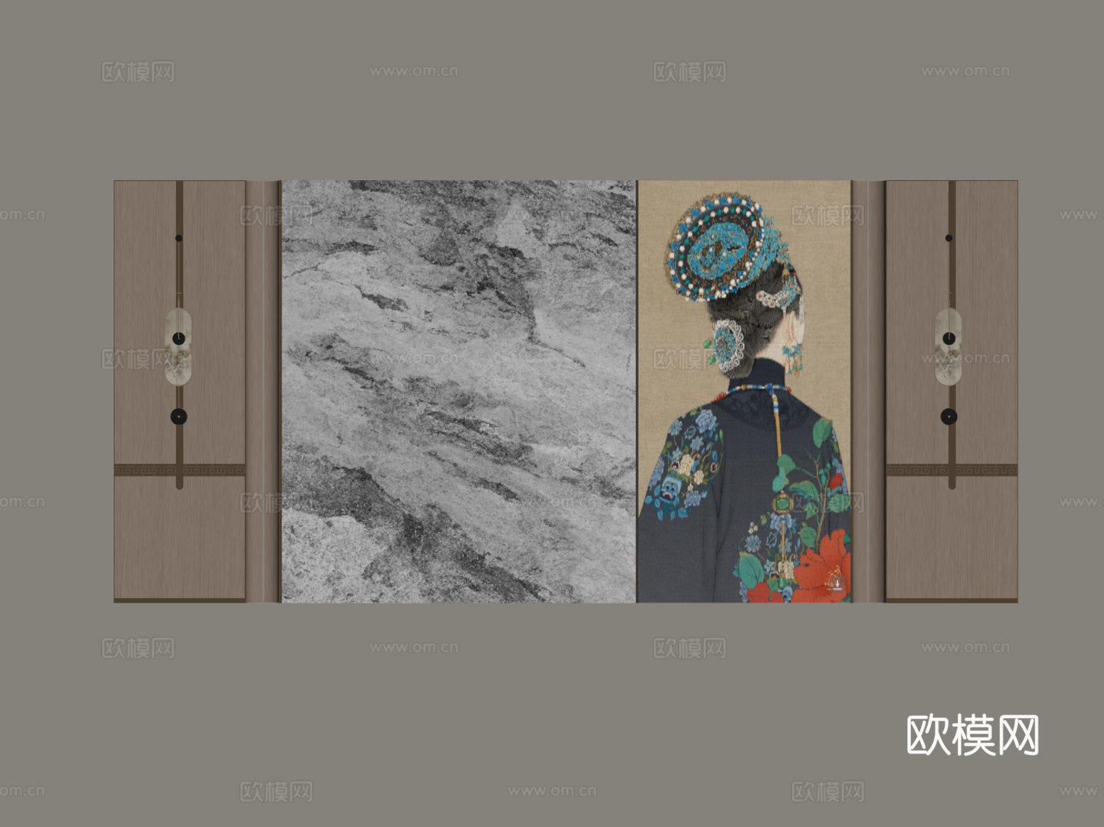 014新中式背景墙su模型