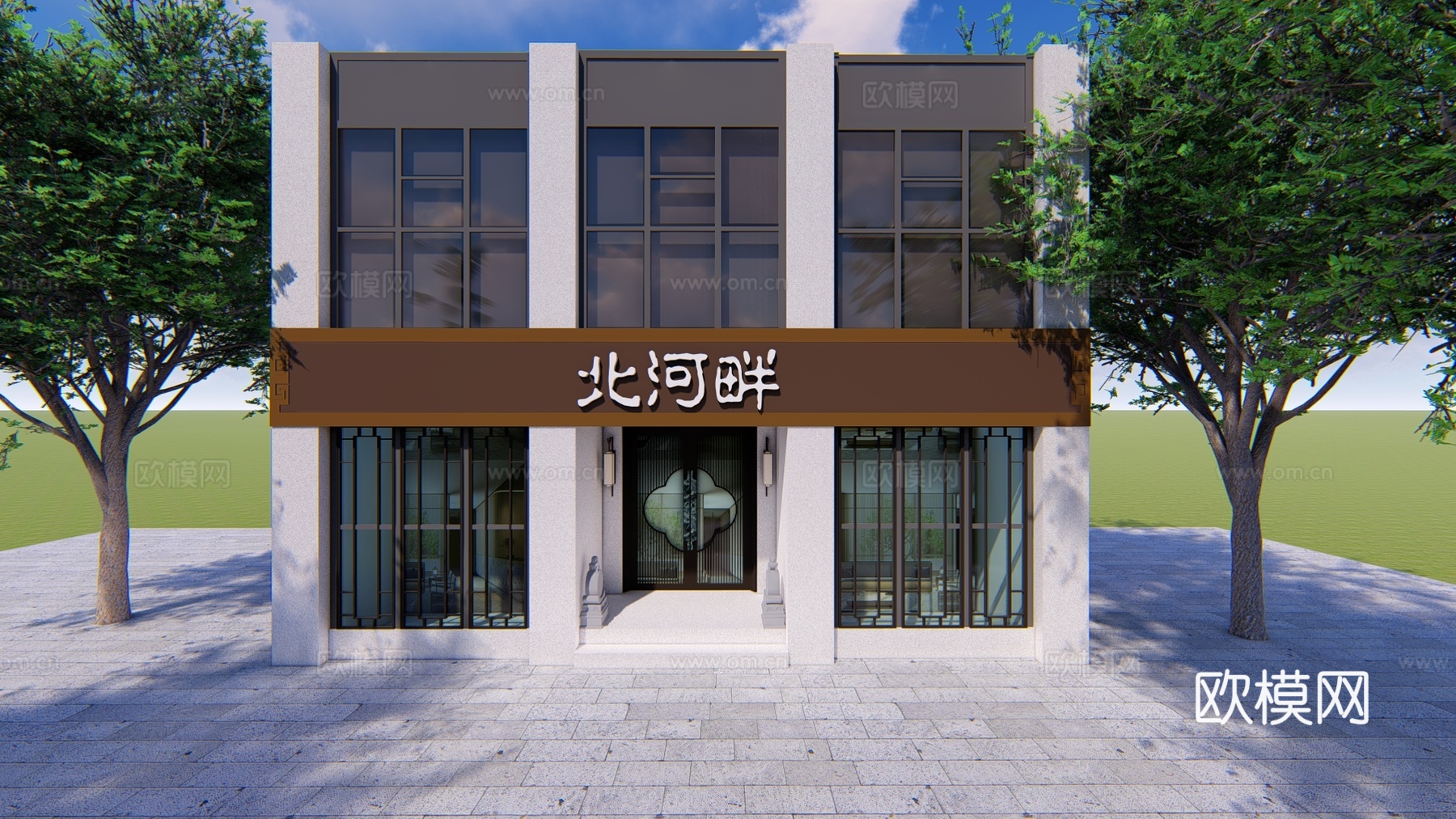 新中式茶餐厅门面门头su模型下载