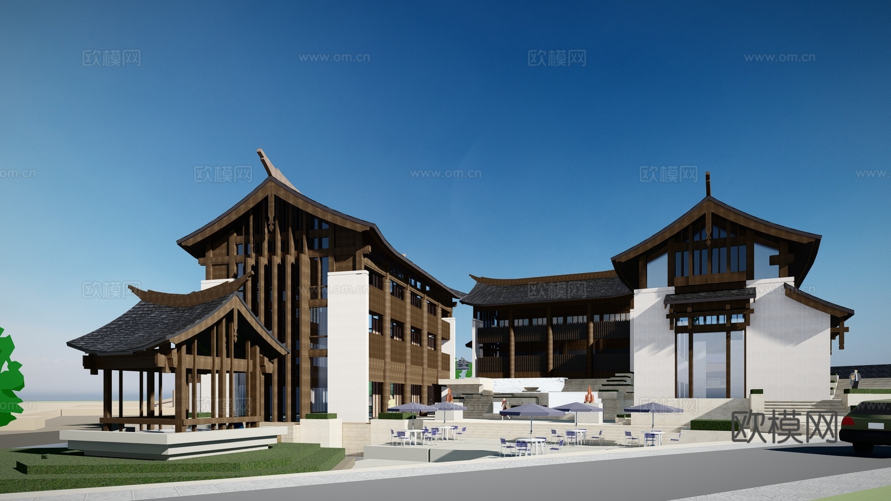 新中式酒店建筑外观su模型下载