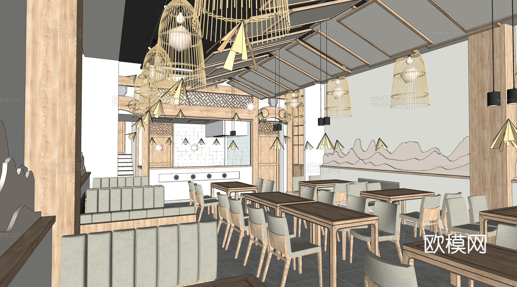 新中式中餐厅su模型下载下载（渲染图2）