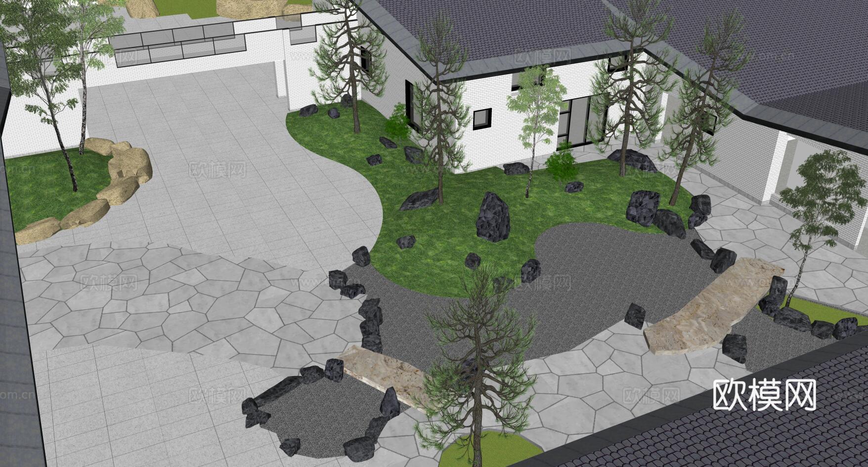 新中式博物馆建筑外观su模型下载