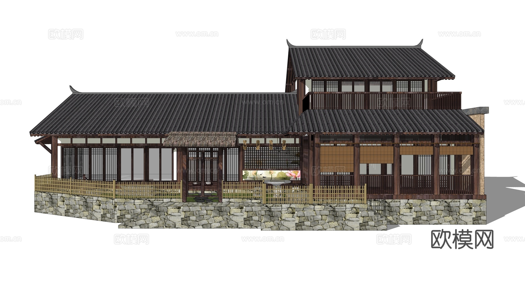 新中式古建民居外观su模型下载