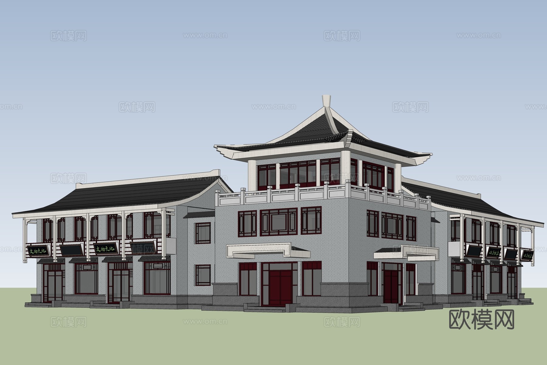 新中式商业建筑外观su模型下载