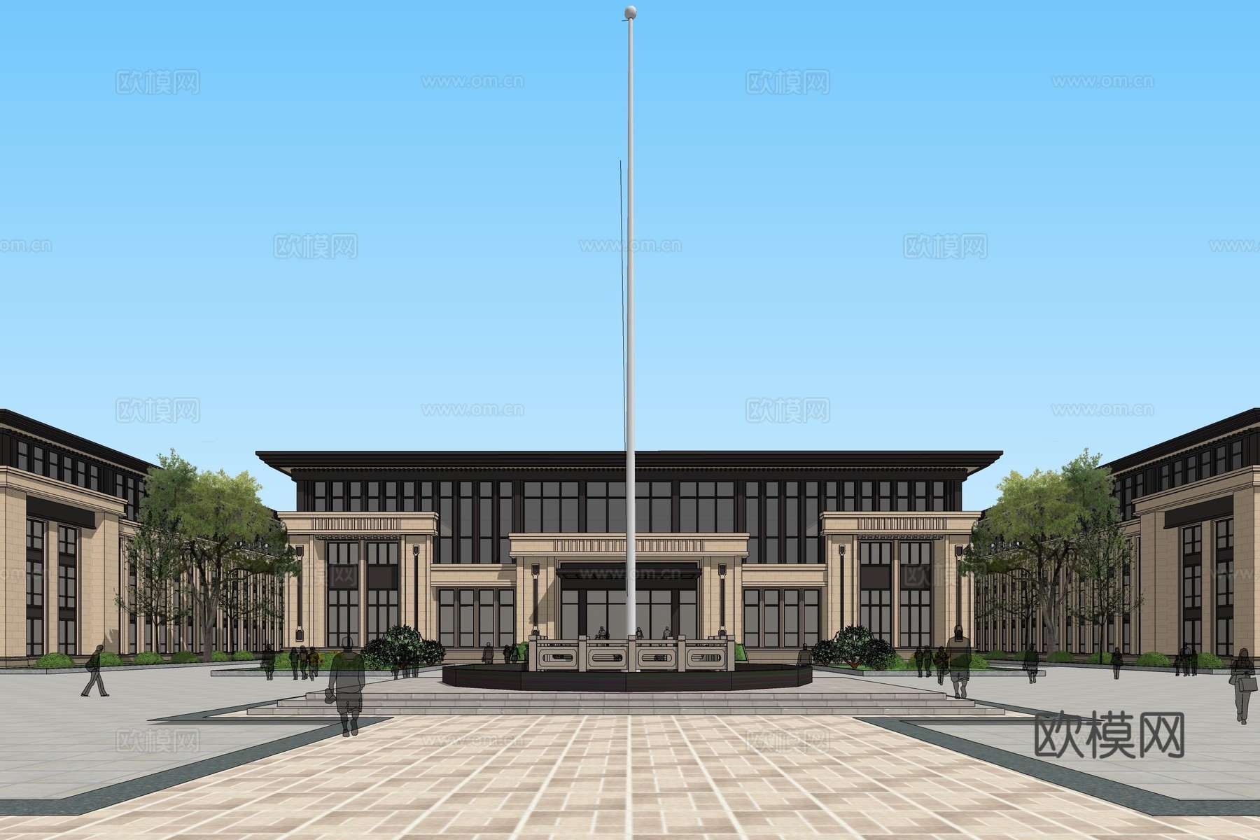 新古典会议中心建筑外观su模型下载