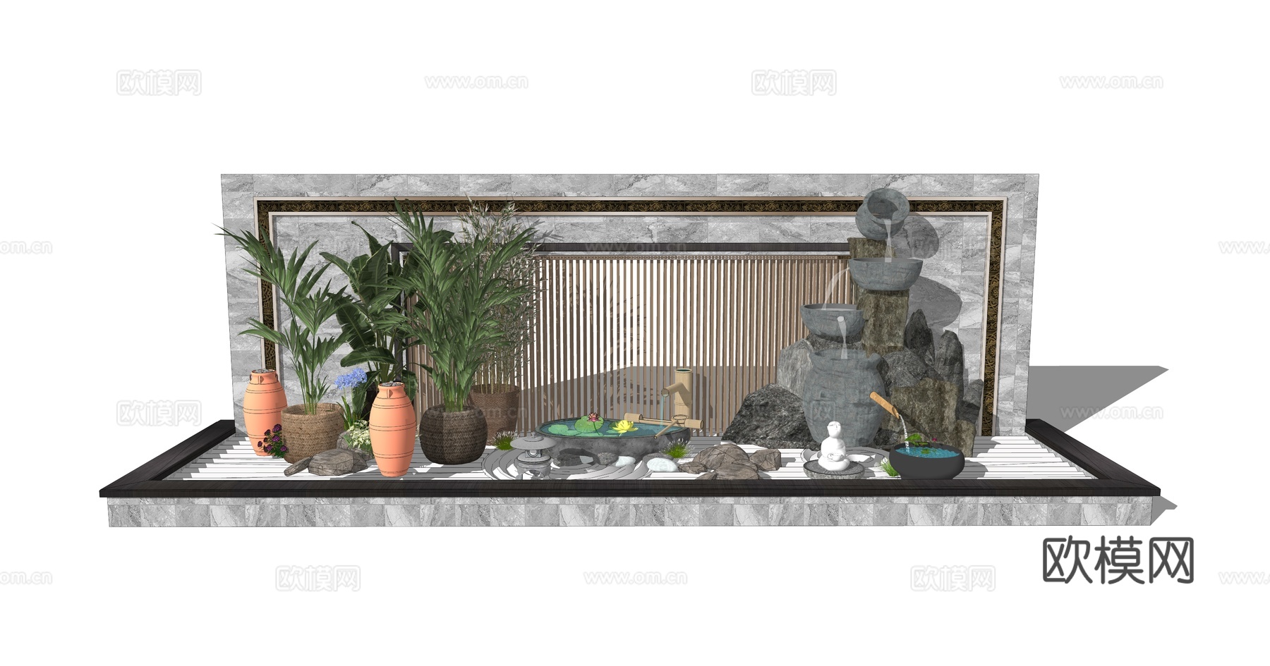 新中式庭院叠水小品su模型下载