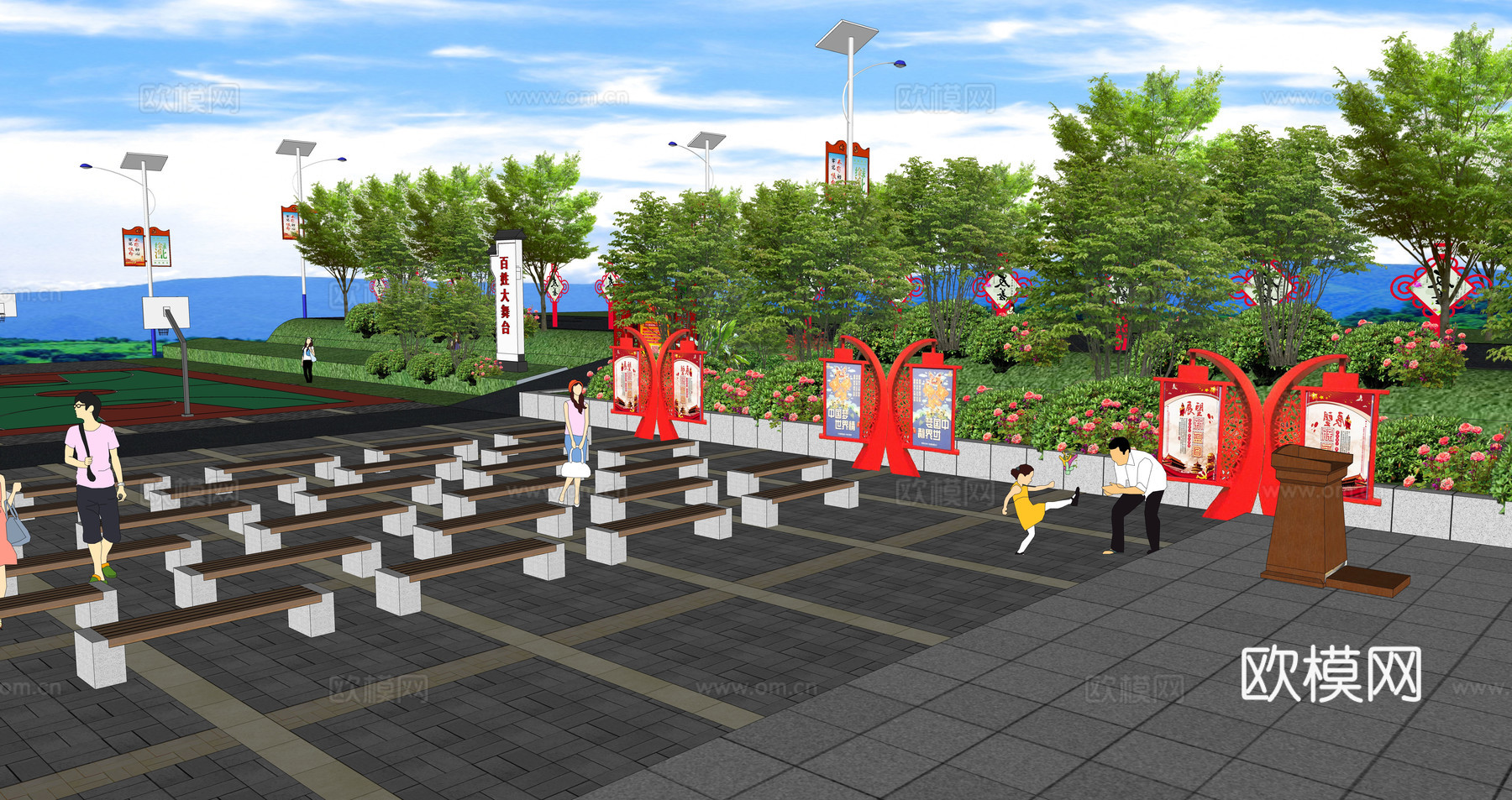 新中式乡村社区休闲广场su模型下载