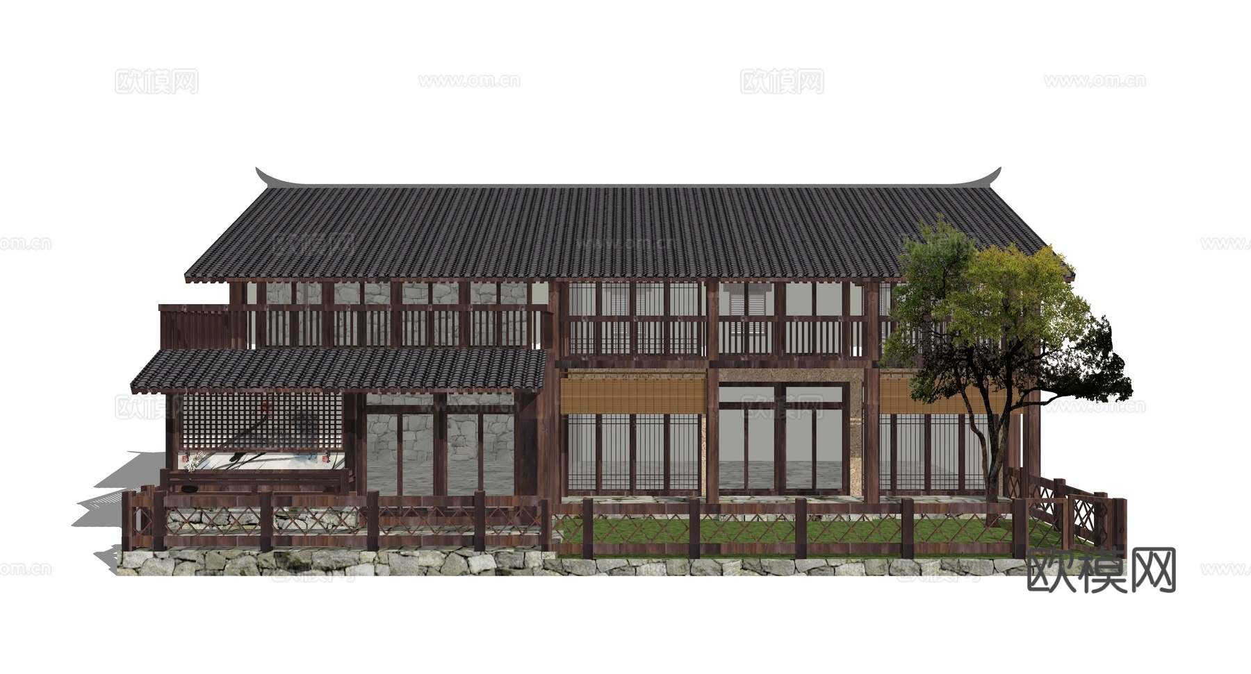 新中式古建民居外观su模型下载