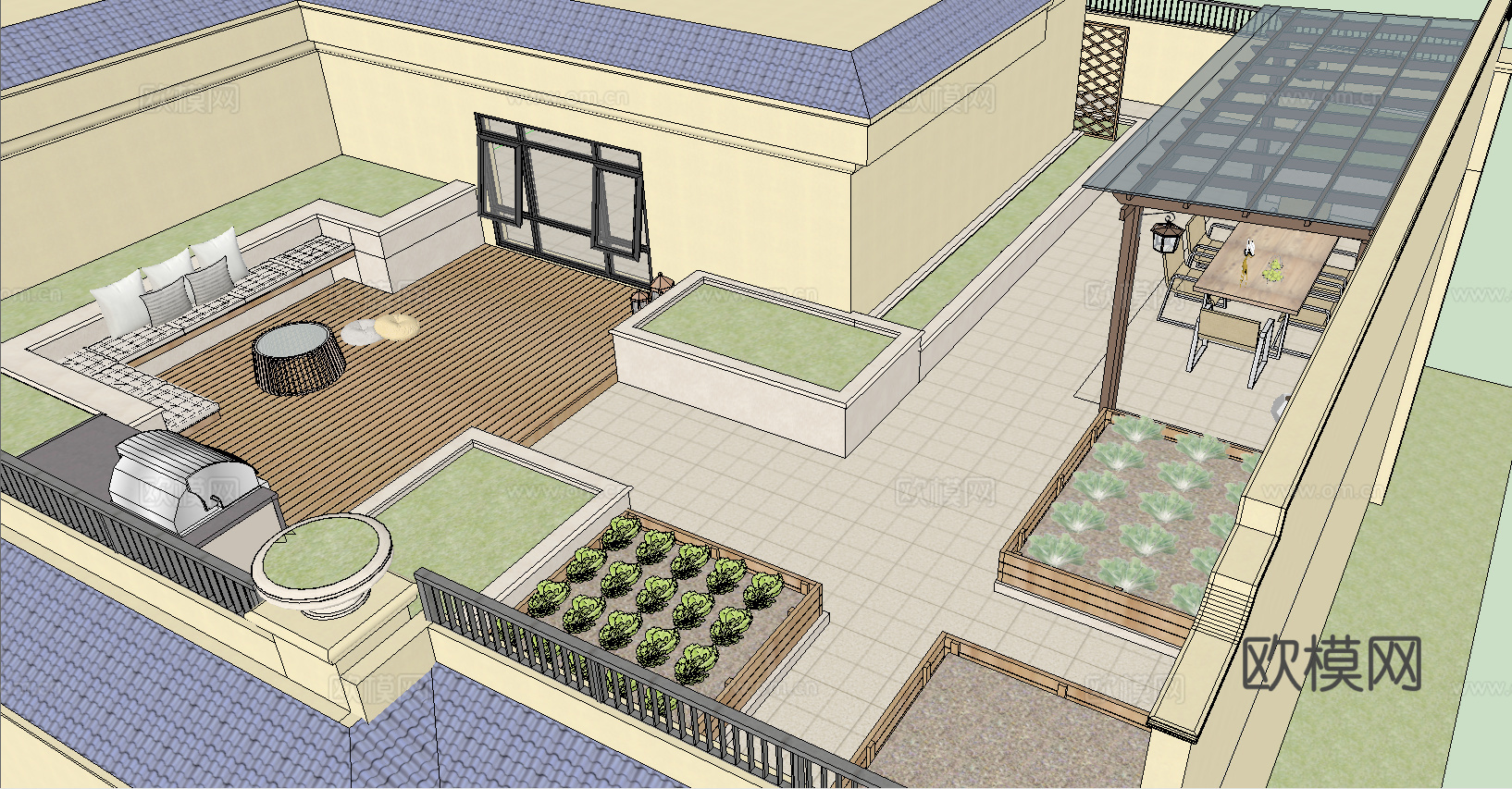 现代屋顶花园su模型下载