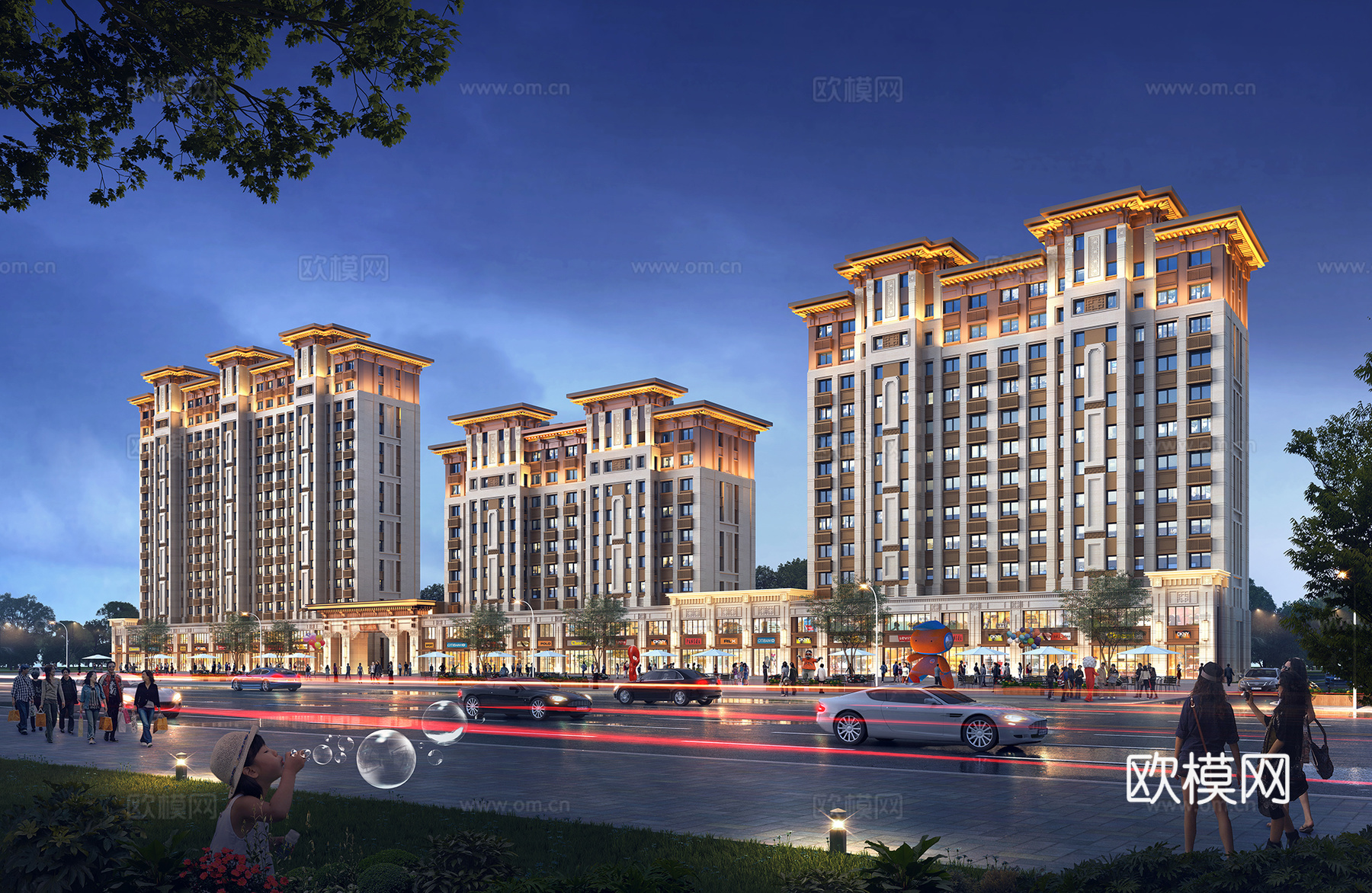 新中式商住楼外观夜景su模型下载