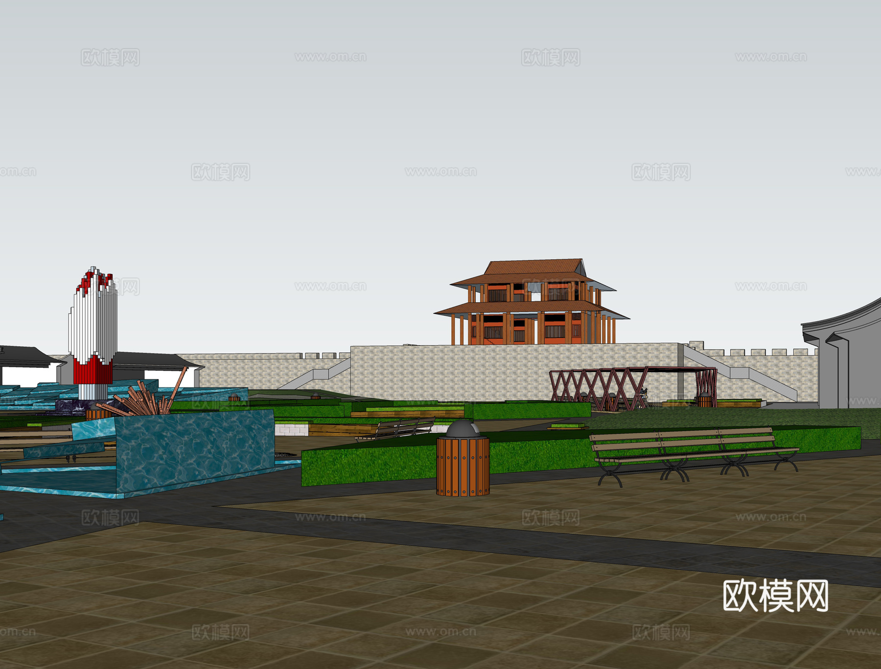 新中式广场公园鸟瞰su模型下载
