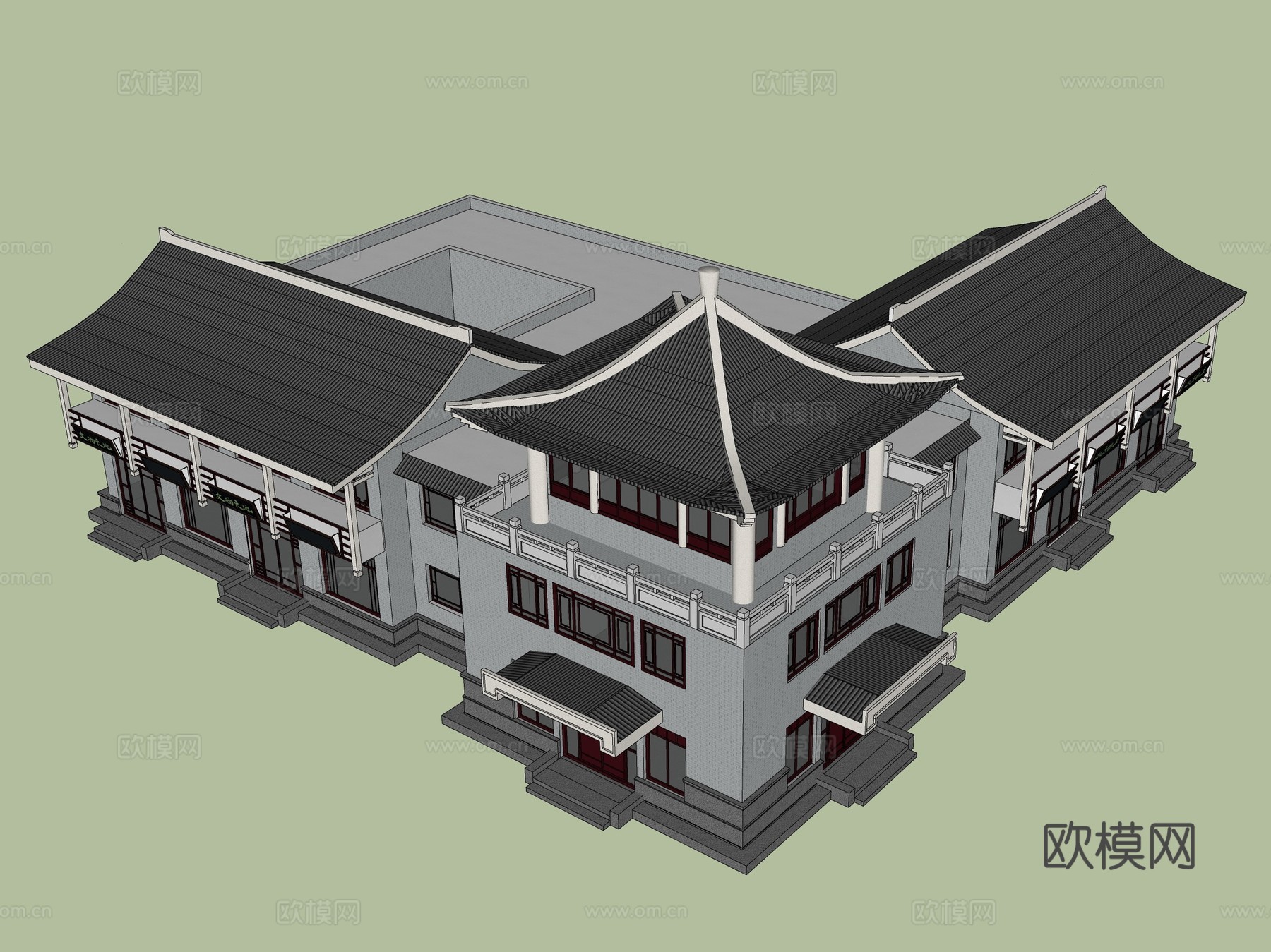 新中式商业建筑外观su模型下载