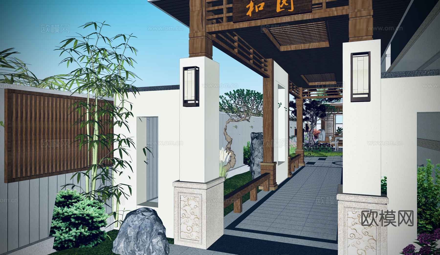 新中式别墅庭院花园su模型下载