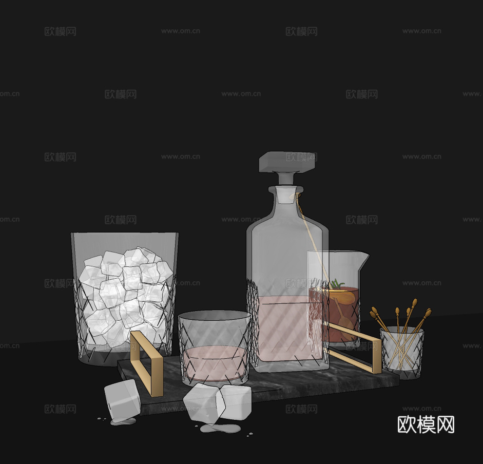 现代酒杯酒水洋酒su模型下载