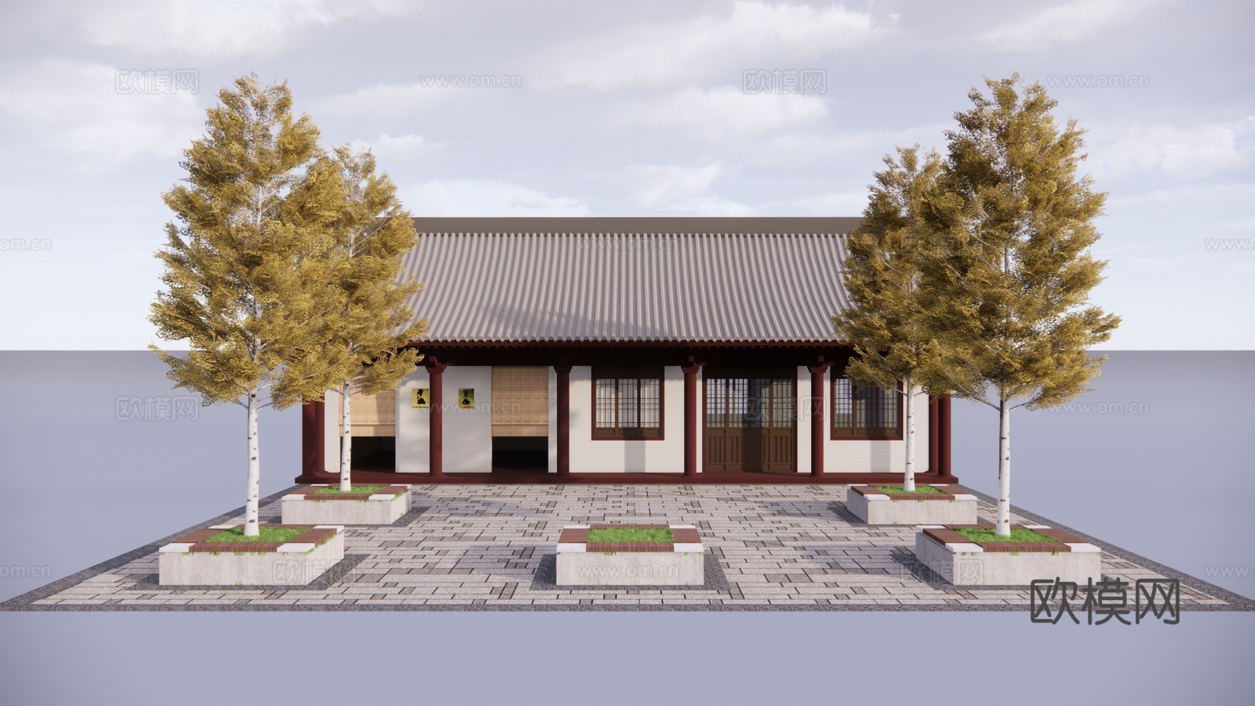 中式公共厕所建筑外观su模型下载